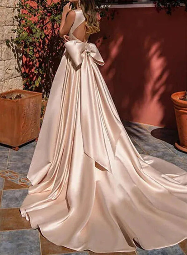 A-Line Square Neckline Sleeveless Bow Satin Champagne Prom Dress With Court Train