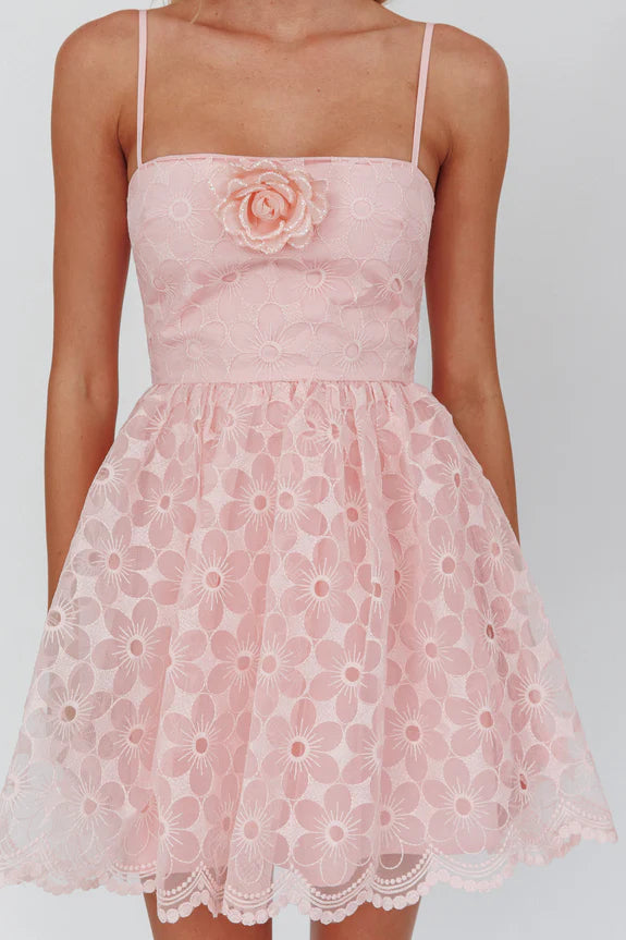 A-Line Square Neckline Spaghetti Straps Lace Blush Mini Homecoming Dress