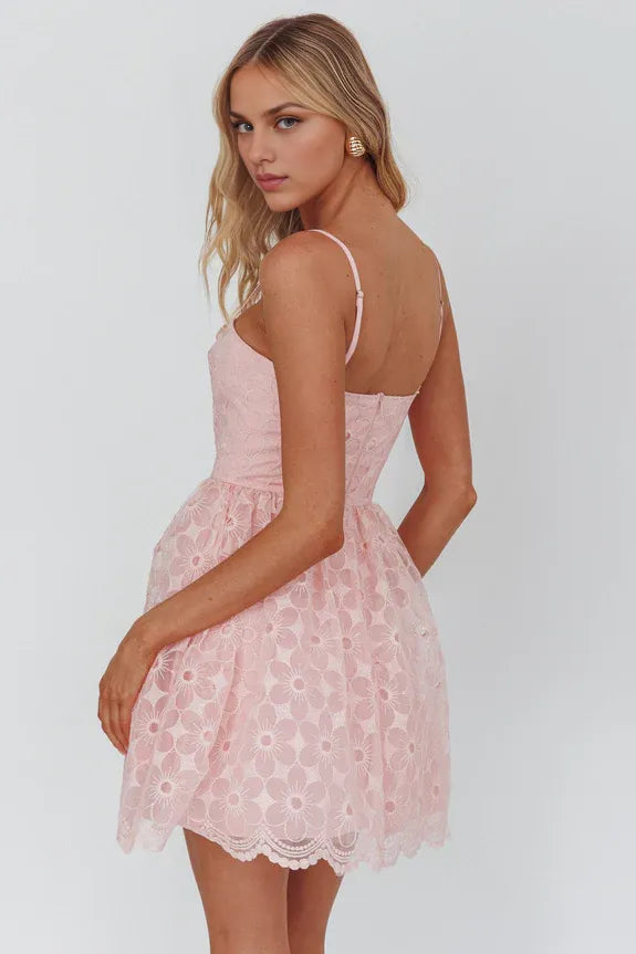 A-Line Square Neckline Spaghetti Straps Lace Blush Mini Homecoming Dress