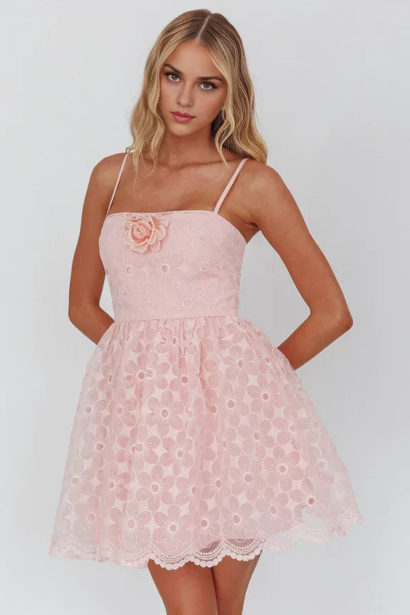 A-Line Square Neckline Spaghetti Straps Lace Blush Mini Homecoming Dress