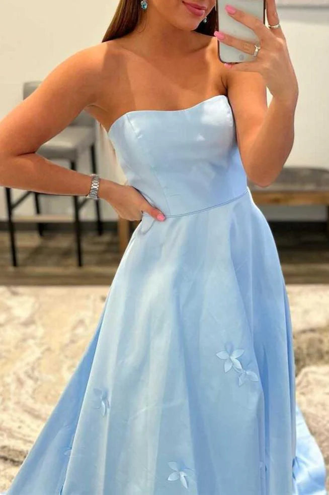 A-Line Strapless 3D Flower Satin Sky Blue Long Prom Dress With Pockets Custom