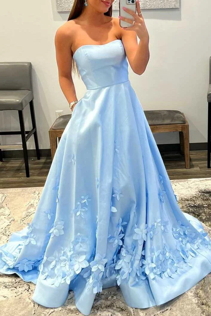 A-Line Strapless 3D Flower Satin Sky Blue Long Prom Dress With Pockets Custom