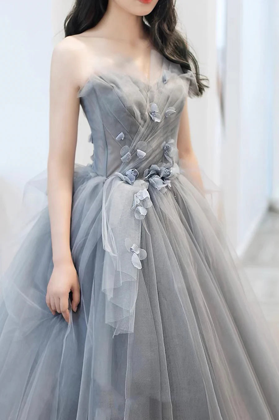 A-Line Strapless 3D Flowers Bodycon Tulle Gray Long Prom Dress