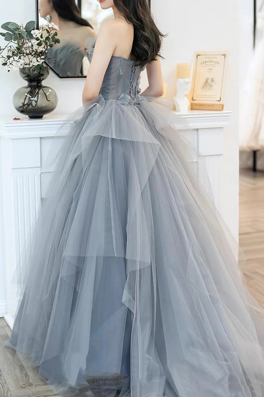 A-Line Strapless 3D Flowers Bodycon Tulle Gray Long Prom Dress