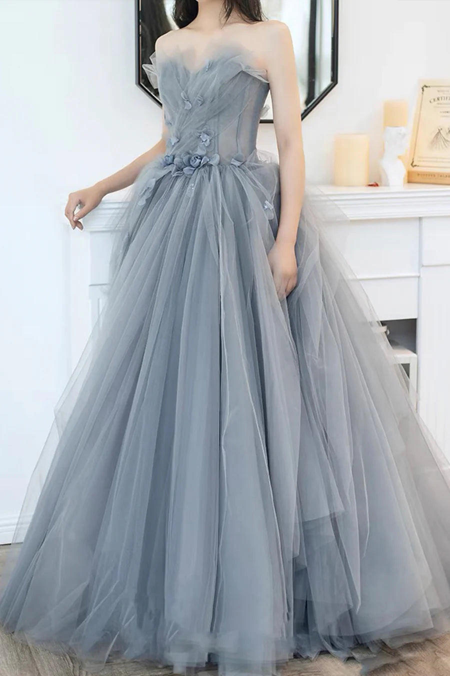 A-Line Strapless 3D Flowers Bodycon Tulle Gray Long Prom Dress