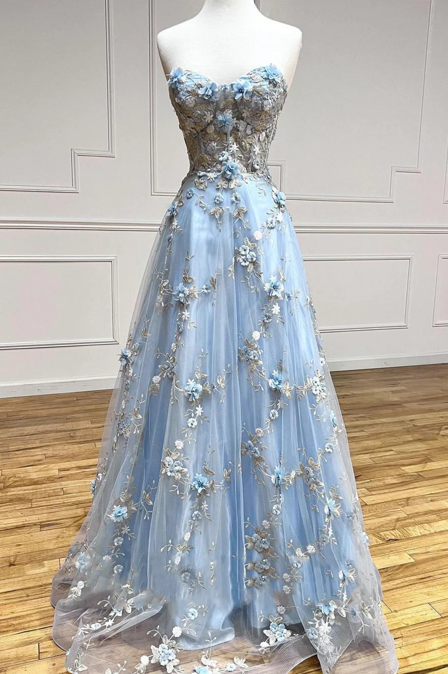 A-Line Strapless Appliques Bodycon Tulle Blue Long Prom Dresses Evening Dresses