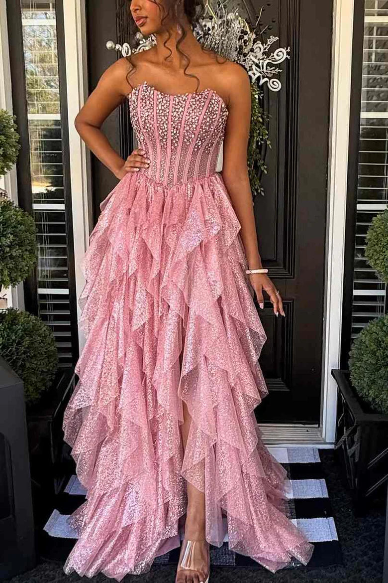 A-Line Strapless Beads Empire-Waist Layered Long Formal Prom Dress with Slit