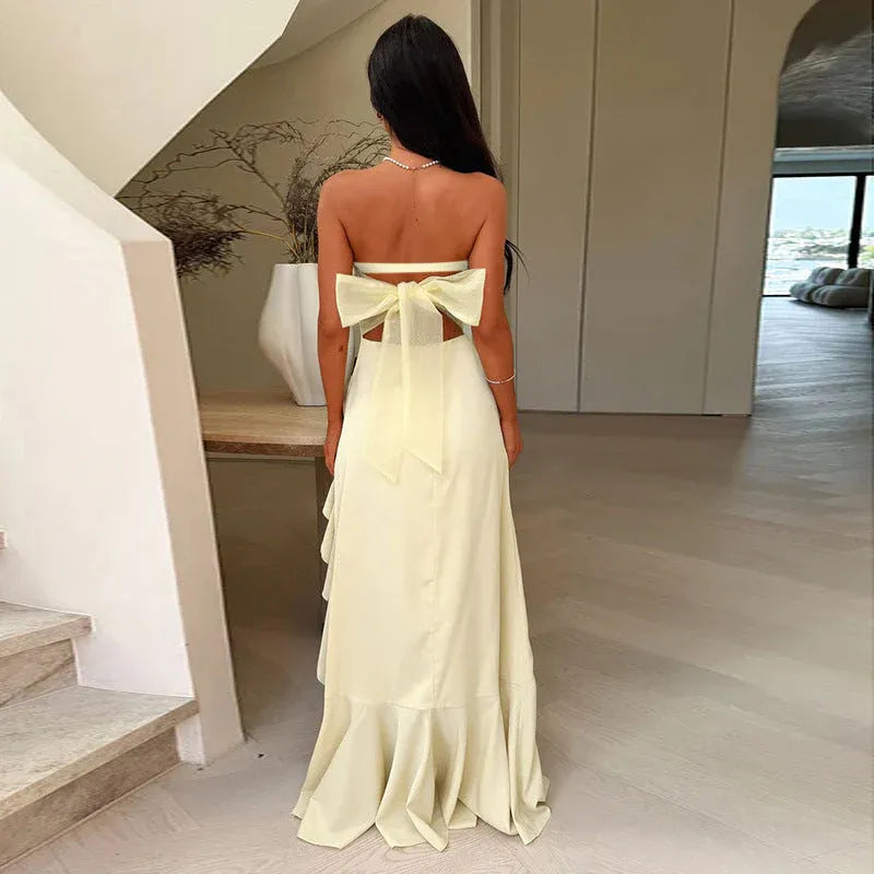 A-Line Strapless Bow Ruffle High-Slit Yellow Floor-Length Prom Dress Hot Sale