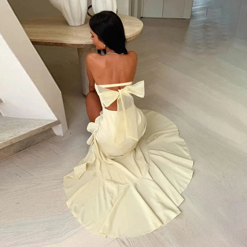 A-Line Strapless Bow Ruffle High-Slit Yellow Floor-Length Prom Dress Hot Sale