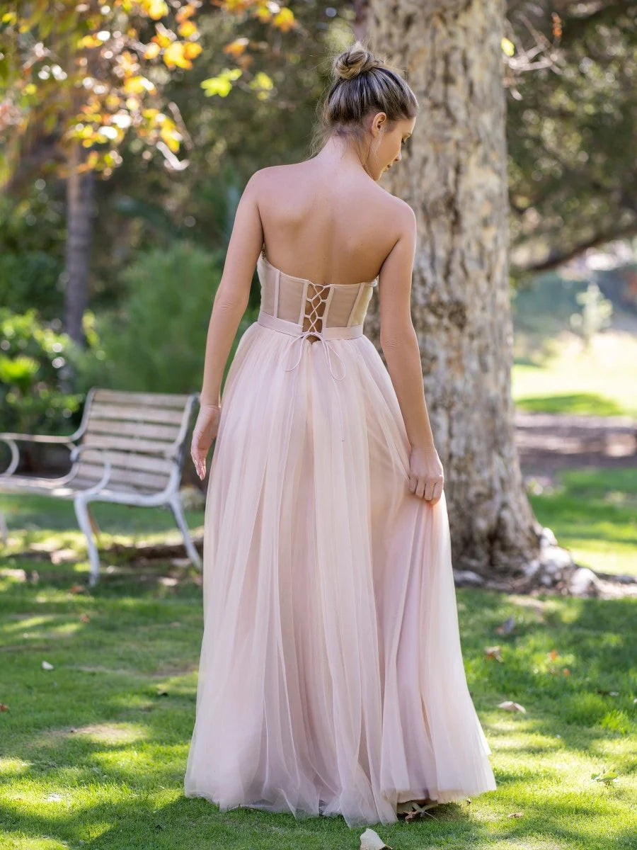 A-Line Strapless Corset Appliques Tulle Pink Floor Length Prom Dress