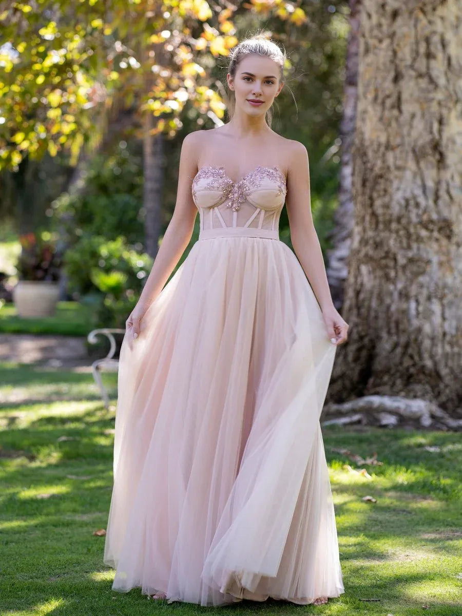 A-Line Strapless Corset Appliques Tulle Pink Floor Length Prom Dress