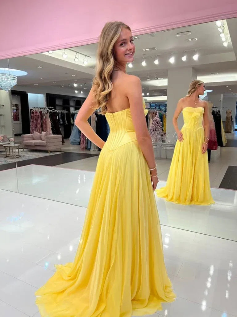 A-Line Strapless Corset Chiffon Satin Yellow Long Prom Dress Hot Sale