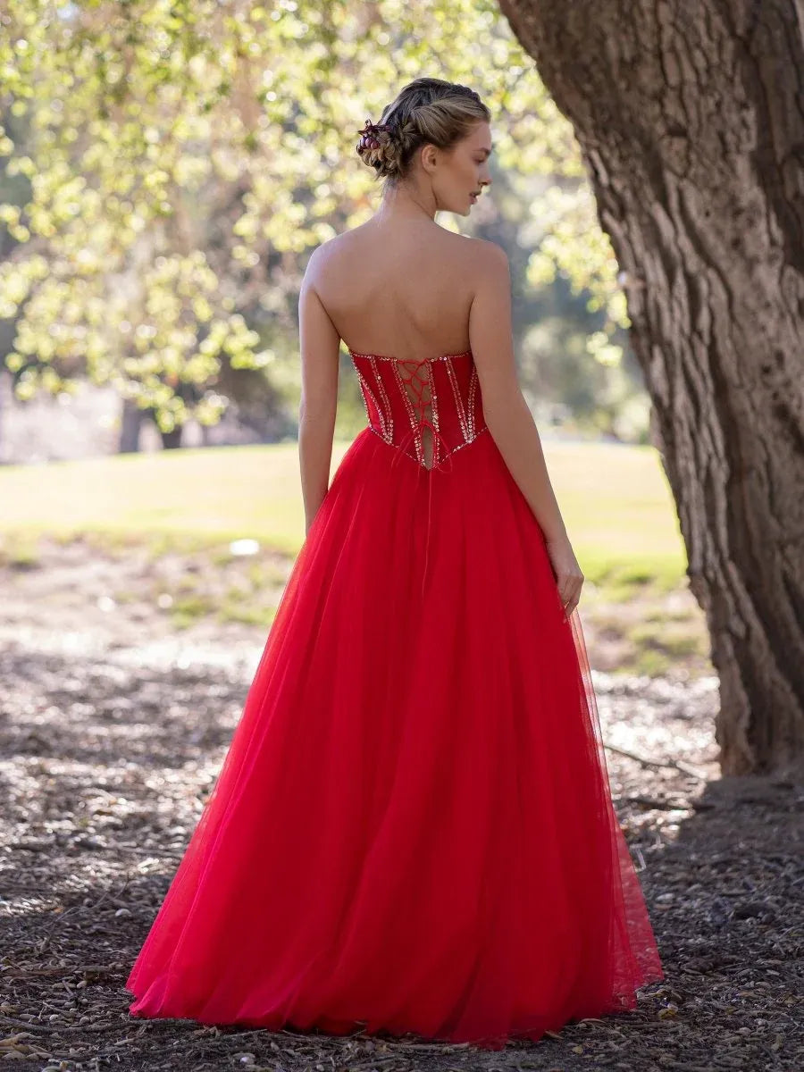 A-Line Strapless Corset Sequins Tulle Red Floor Length Prom Dress