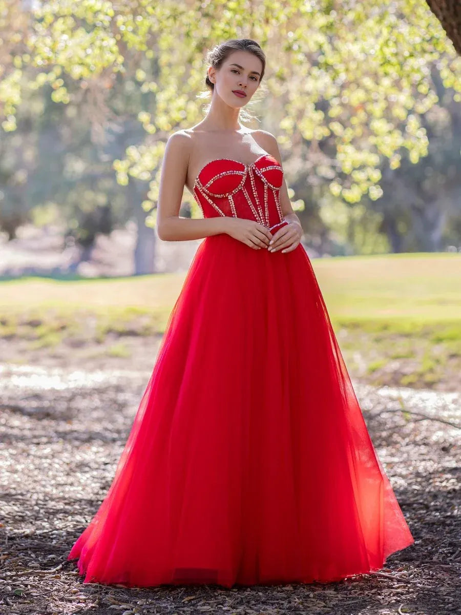 A-Line Strapless Corset Sequins Tulle Red Floor Length Prom Dress