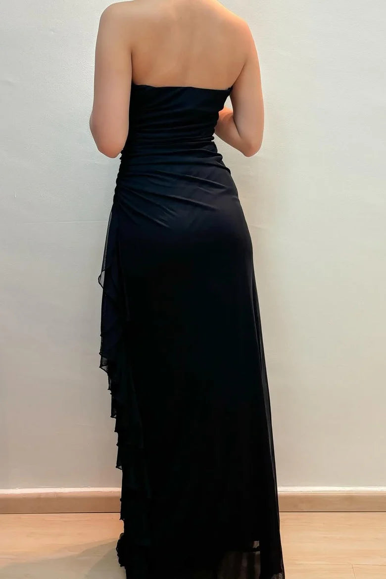 Black Strapless Empire-Waist Pleats Appliques A-Line Long Prom Dress