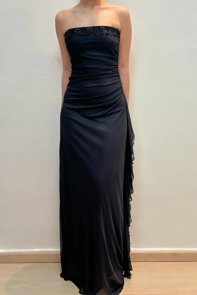 Black Strapless Empire-Waist Pleats Appliques A-Line Long Prom Dress