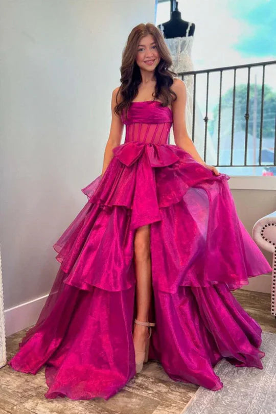 A-Line Strapless Empire-Waist Tiered Sleeveless Long Prom Dress with Bow