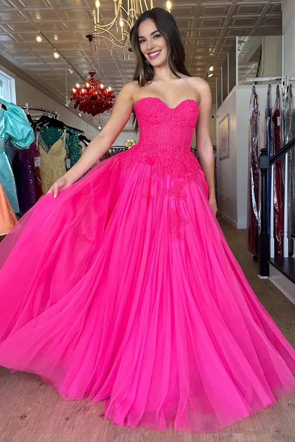 A-Line Strapless Floral Lace Tulle Hot Pink Floor Length Prom Dress