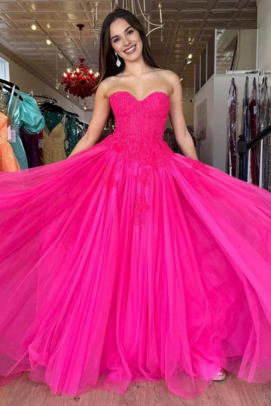 A-Line Strapless Floral Lace Tulle Hot Pink Floor Length Prom Dress