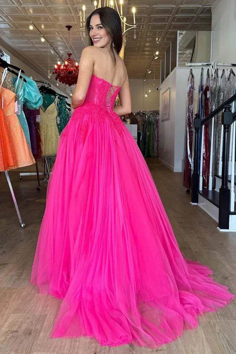 A-Line Strapless Floral Lace Tulle Hot Pink Floor Length Prom Dress