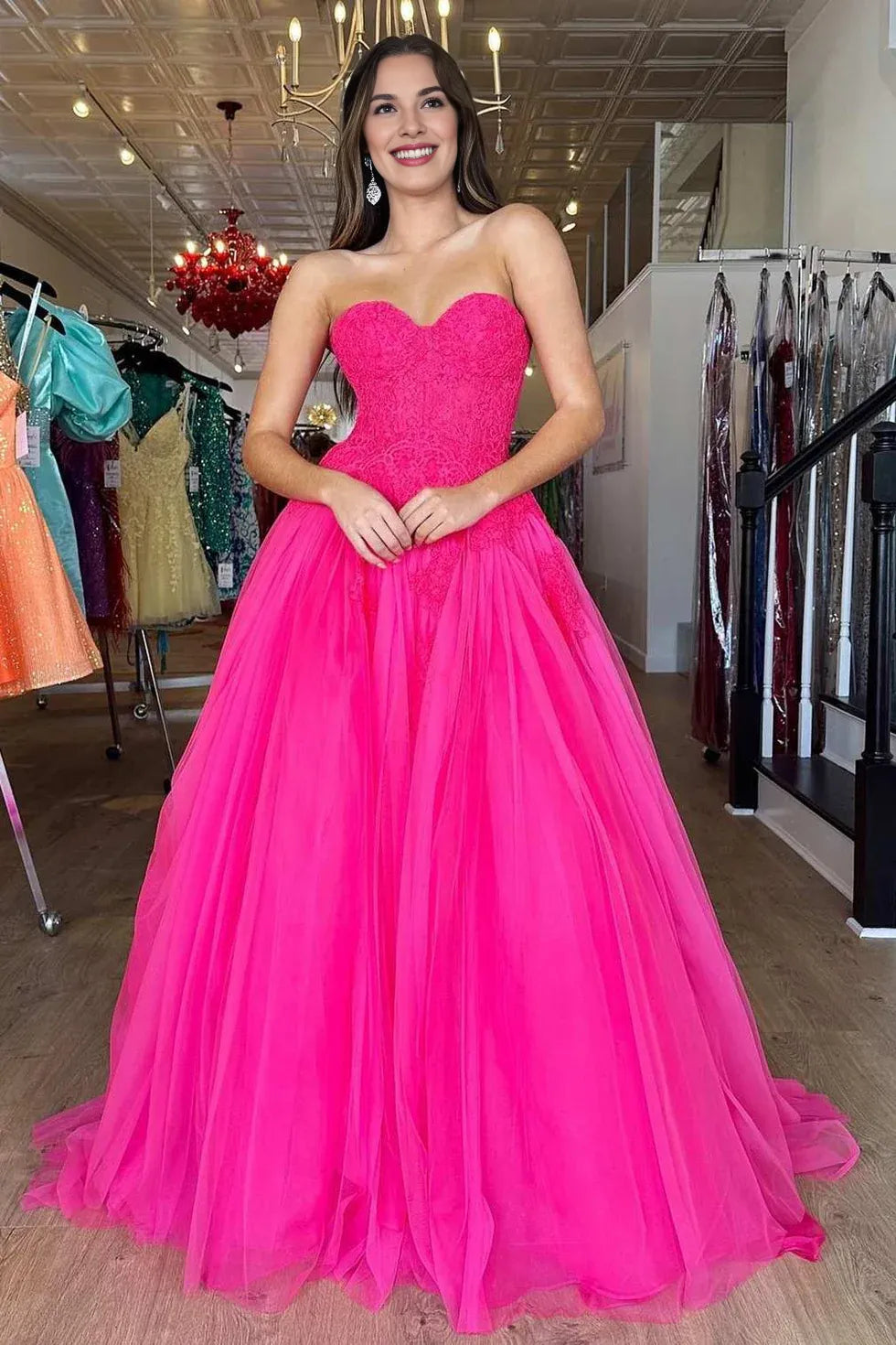 A-Line Strapless Floral Lace Tulle Hot Pink Floor Length Prom Dress