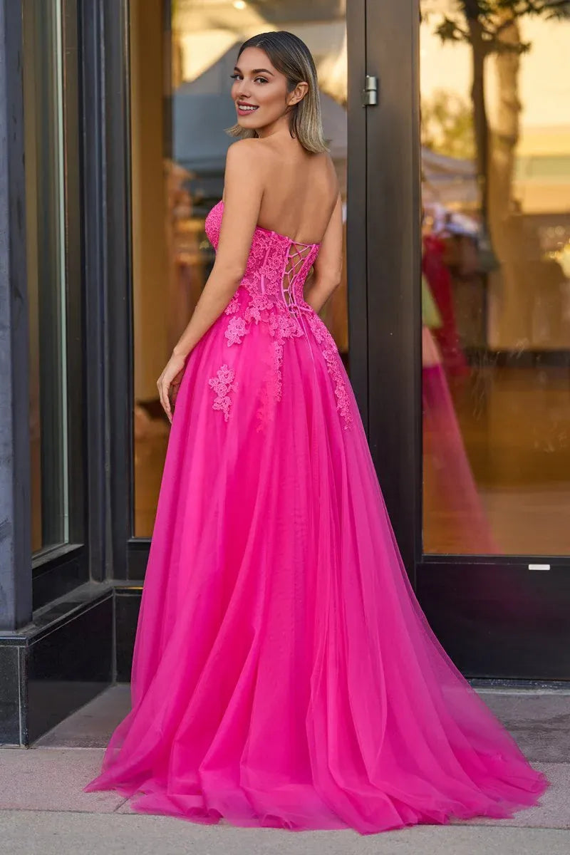 A-Line Strapless Lace Applique Tulle Hot Pink Floor Length Prom Dress