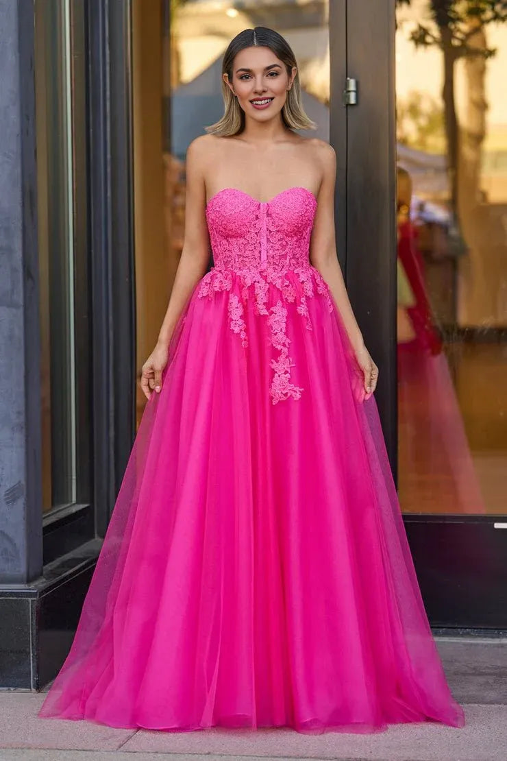 A-Line Strapless Lace Applique Tulle Hot Pink Floor Length Prom Dress