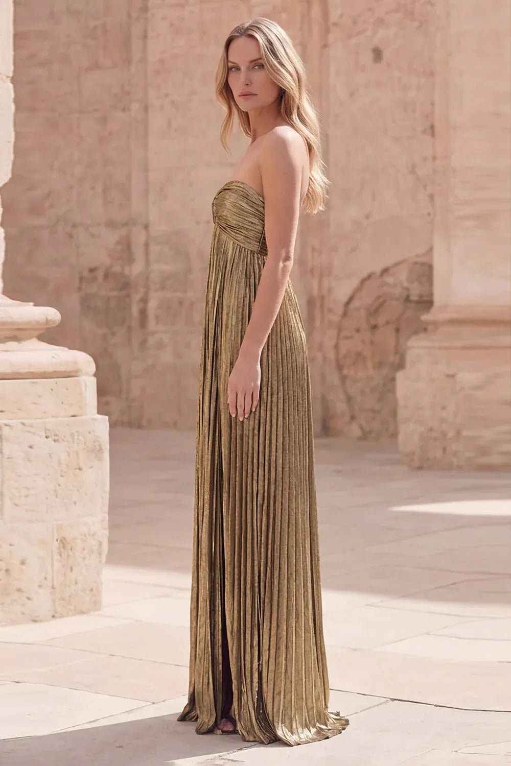 A-Line Strapless Pleated Metallic Gold Prom Dress With Side Slit For Women