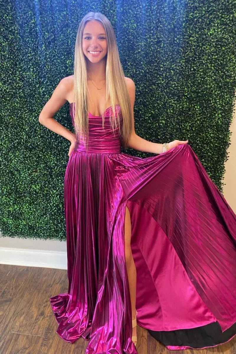 A-Line Strapless Pleated Metallic Green Long Prom Dress With High Slit