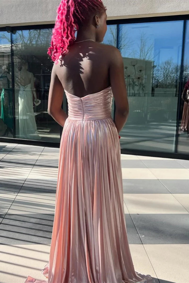 A-Line Strapless Pleated Metallic Green Long Prom Dress With High Slit