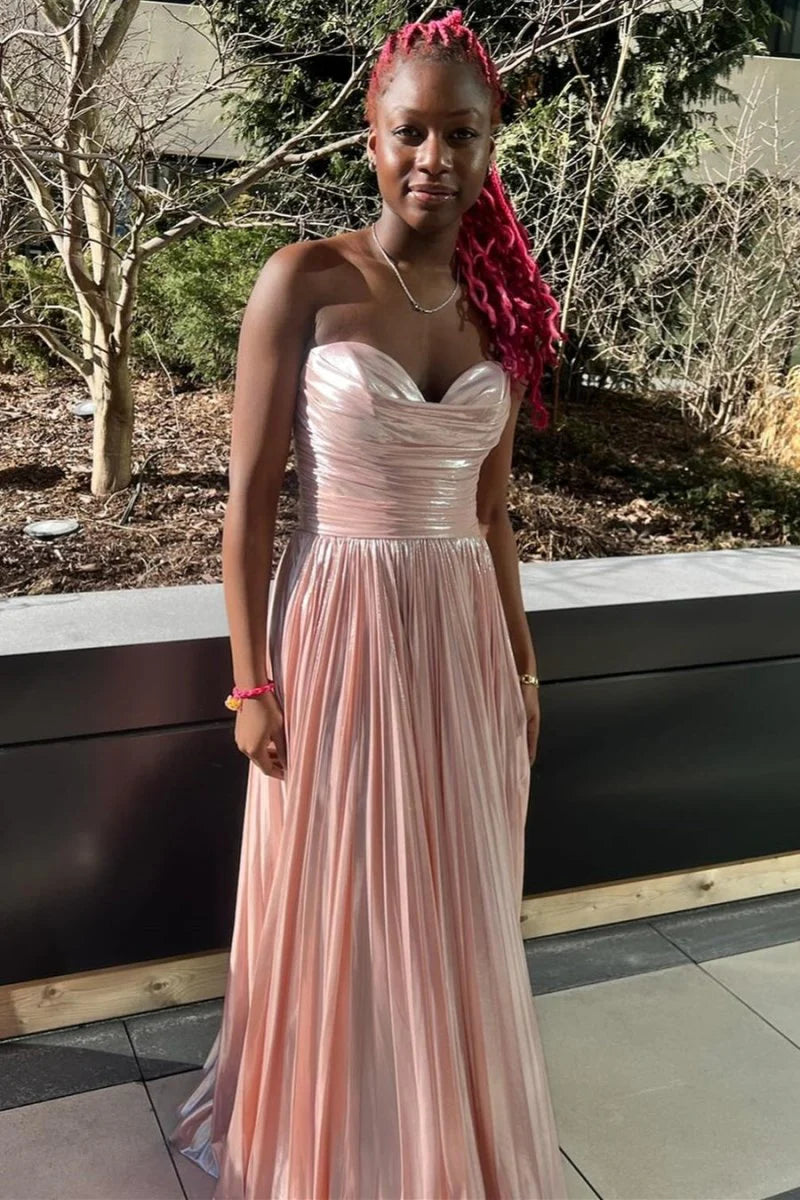 A-Line Strapless Pleated Metallic Green Long Prom Dress With High Slit