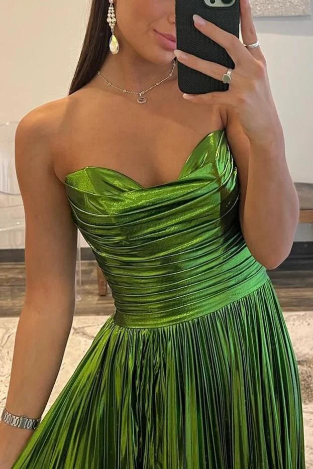 A-Line Strapless Pleated Metallic Green Long Prom Dress With High Slit