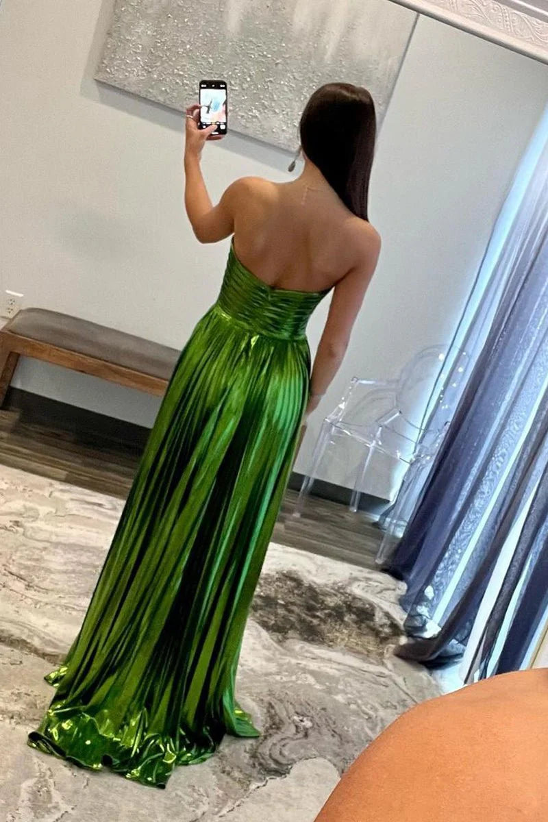 A-Line Strapless Pleated Metallic Green Long Prom Dress With High Slit