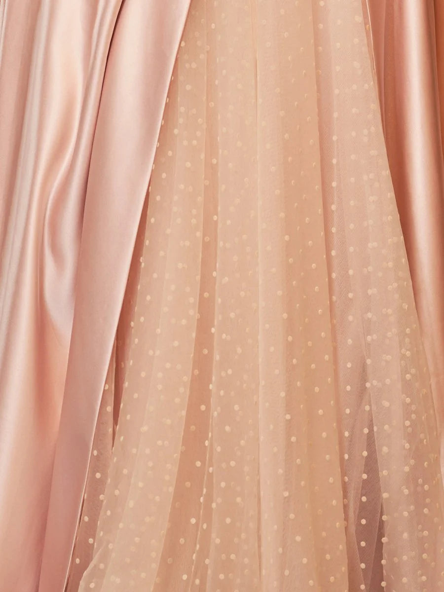 A-Line Strapless Polka Satin Tulle Pink Floor-Length Prom Dress With Slit