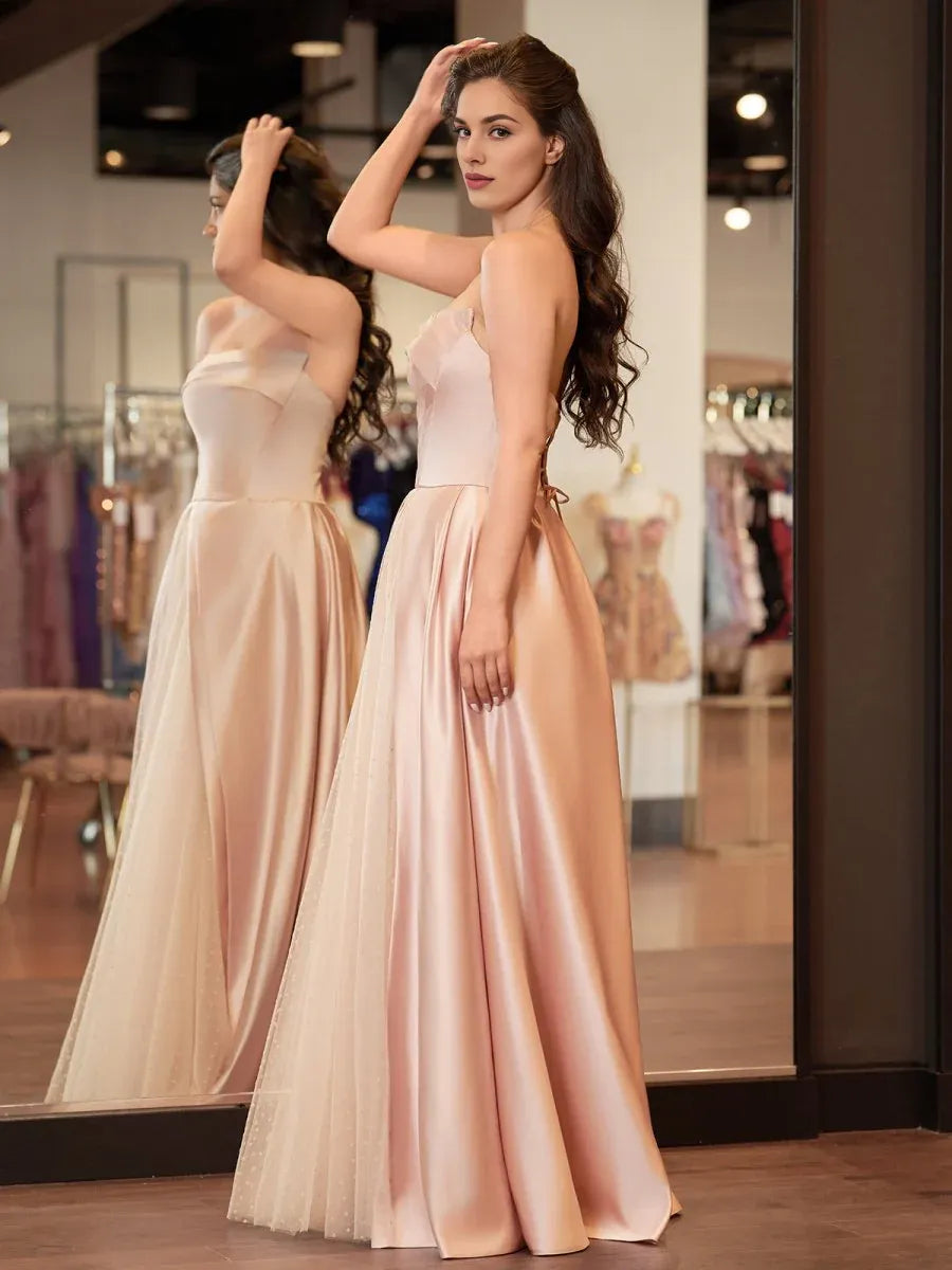 A-Line Strapless Polka Satin Tulle Pink Floor-Length Prom Dress With Slit
