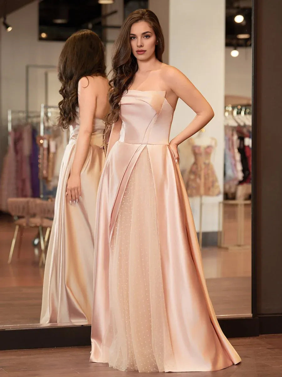 A-Line Strapless Polka Satin Tulle Pink Floor-Length Prom Dress With Slit
