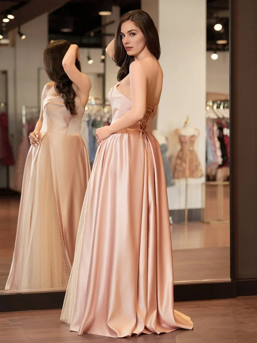 A-Line Strapless Polka Satin Tulle Pink Floor-Length Prom Dress With Slit