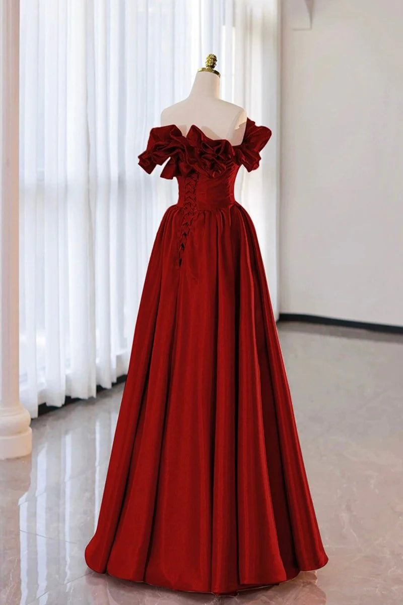 A-Line Strapless Ruffle Satin Burgundy Long Prom Dress Evening Dress