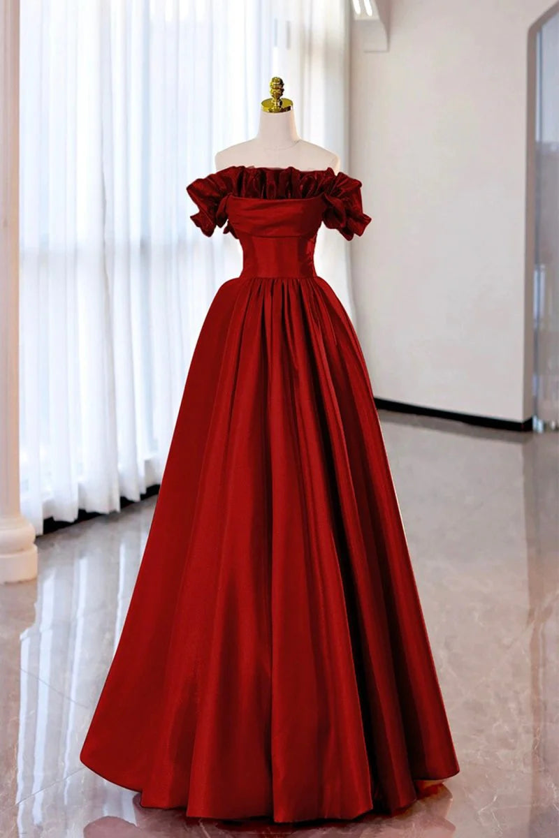 A-Line Strapless Ruffle Satin Burgundy Long Prom Dress Evening Dress