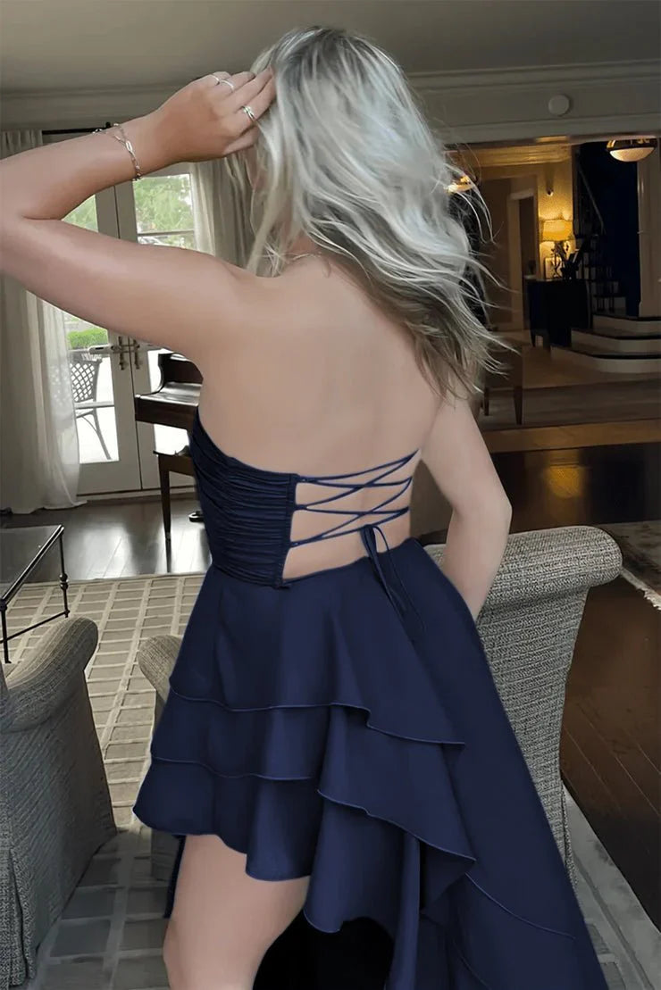 A-Line Strapless Ruffles Chiffon Royal Blue High Low Prom Dress With Slit