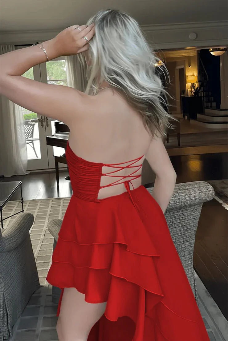 A-Line Strapless Ruffles Chiffon Royal Blue High Low Prom Dress With Slit