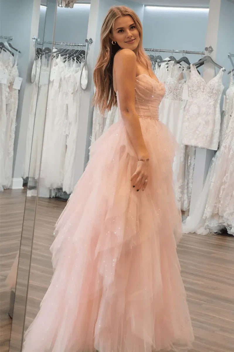 A-Line Strapless Sequin Beaded Layers Tulle Light Pink Evening Dress