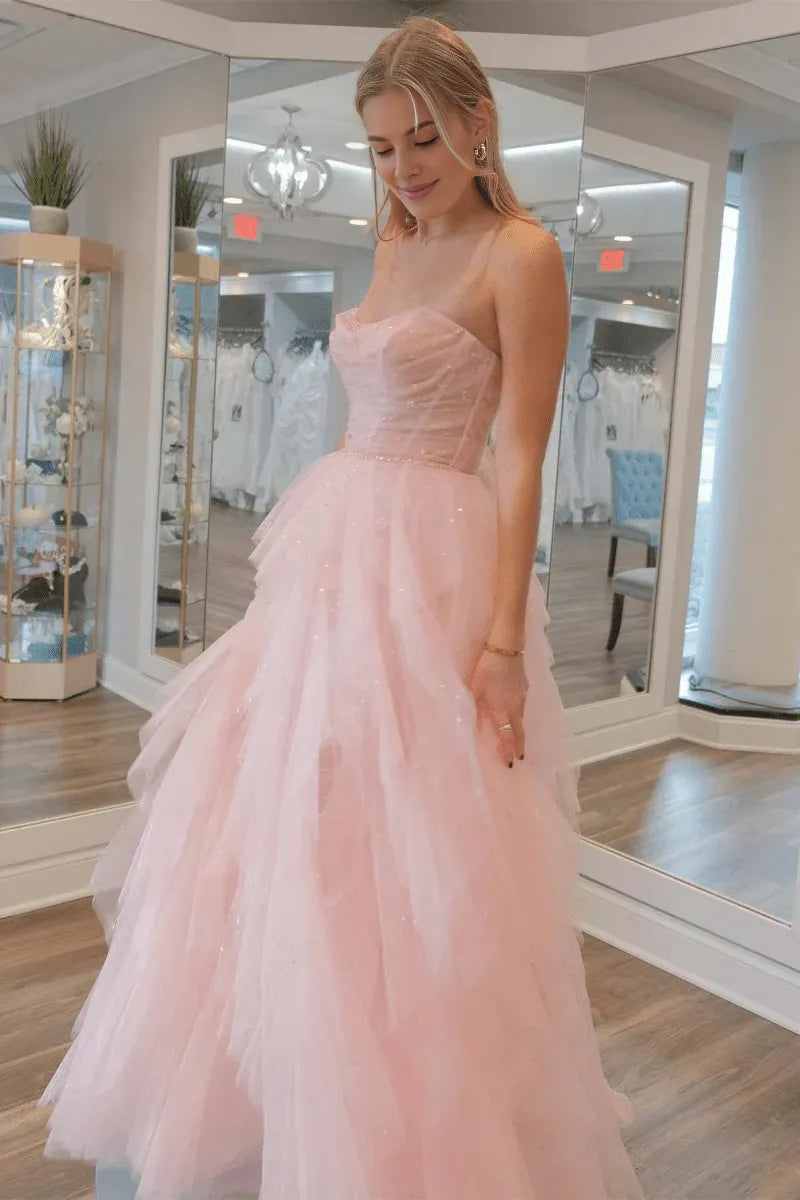 A-Line Strapless Sequin Beaded Layers Tulle Light Pink Evening Dress