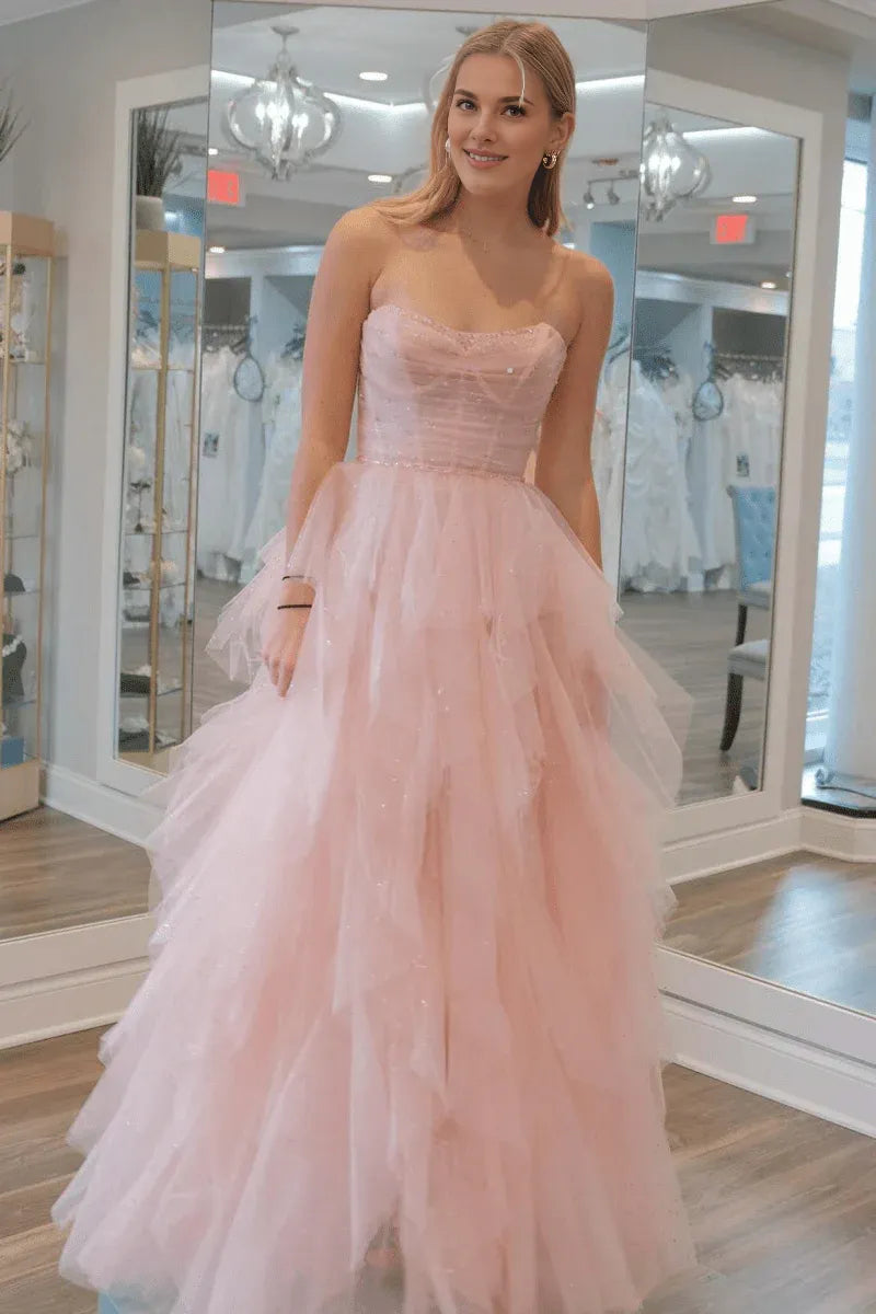 A-Line Strapless Sequin Beaded Layers Tulle Light Pink Evening Dress