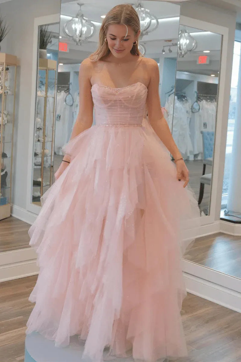 A-Line Strapless Sequin Beaded Layers Tulle Light Pink Evening Dress