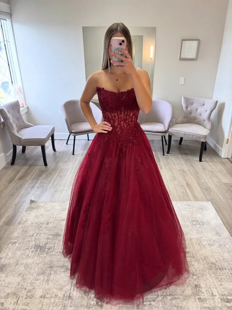 A-Line Strapless Sheer Corset Lace Applique Tulle Burgundy Long Prom Dress