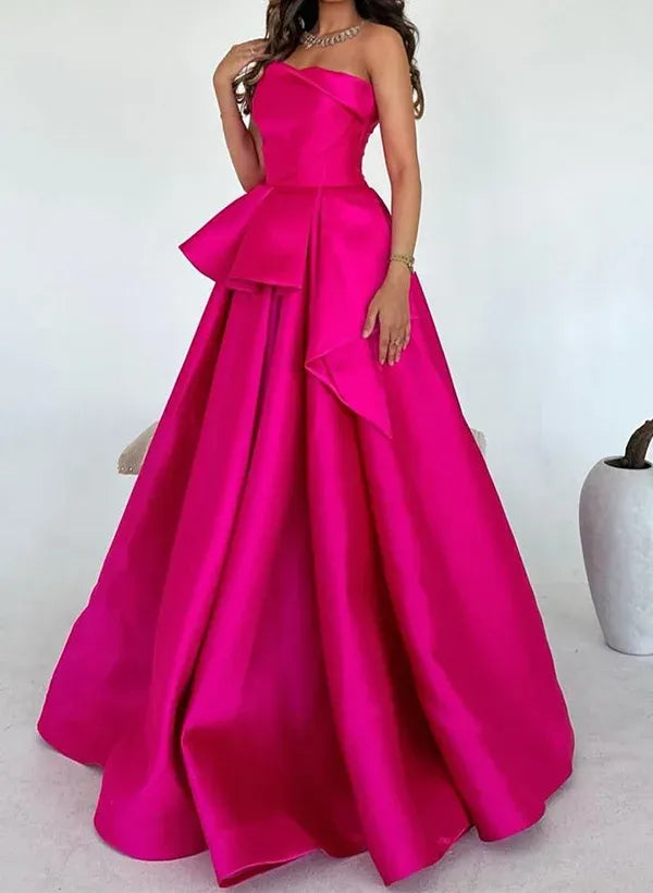 A-Line Strapless Sleeveless Ruffle Satin Fuchsia Floor-Length Prom Dress