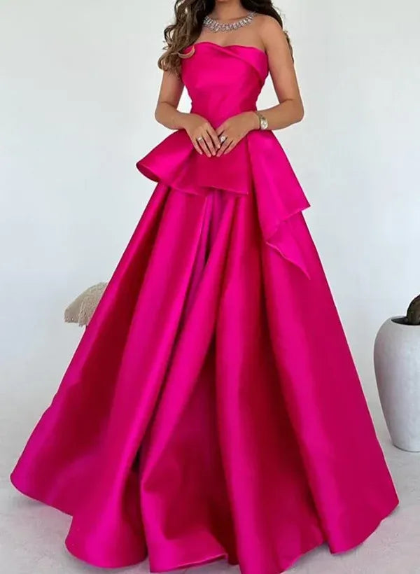 A-Line Strapless Sleeveless Ruffle Satin Fuchsia Floor-Length Prom Dress