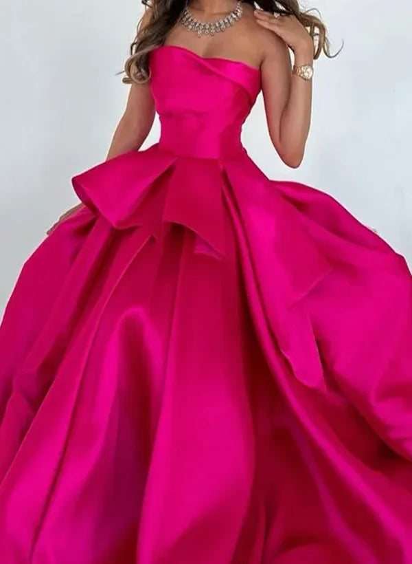 A-Line Strapless Sleeveless Ruffle Satin Fuchsia Floor-Length Prom Dress