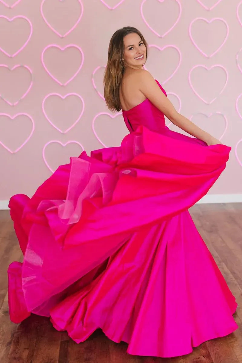 A-Line Strapless Sleeveless Satin Fuchsia Floor Length Prom Dress Custom